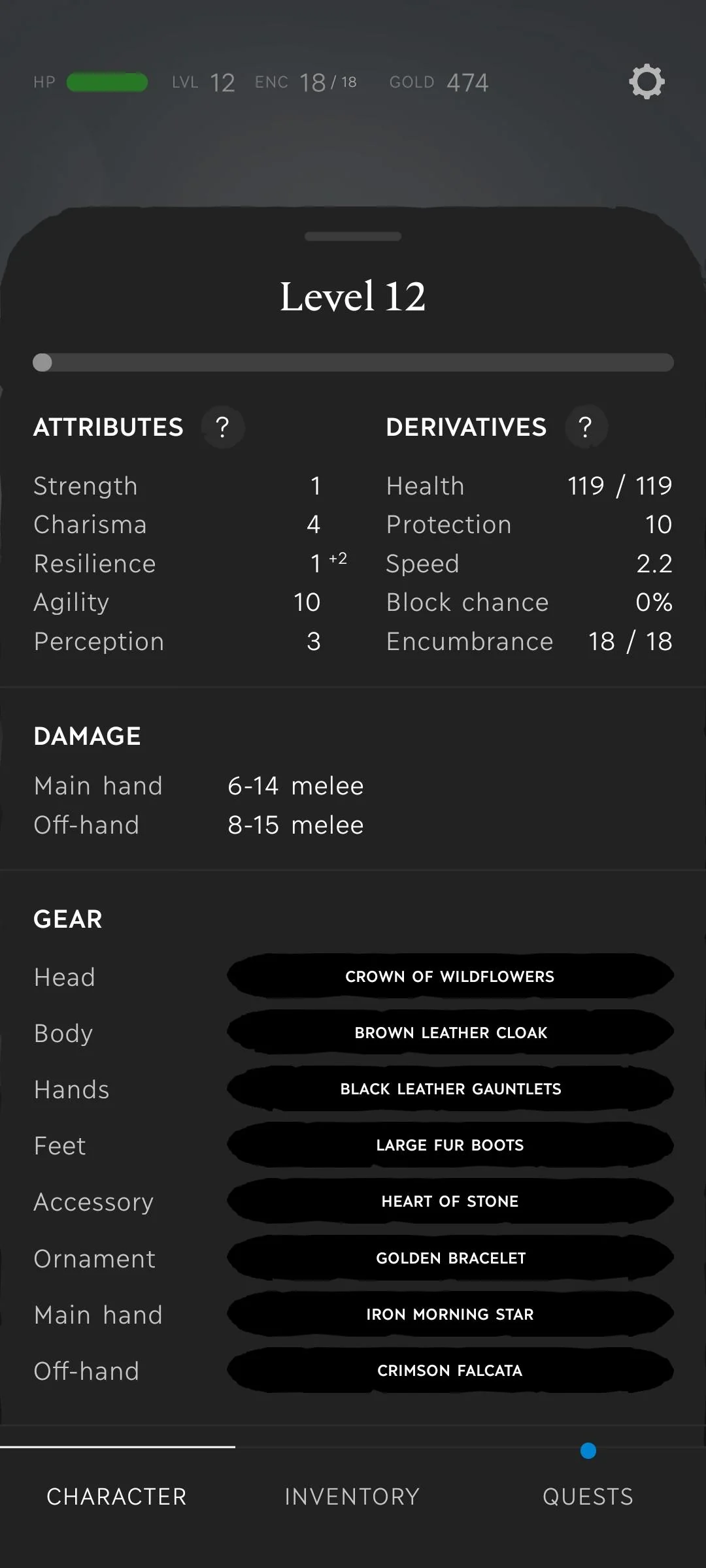 Attributes: Strength 1, Charisma 4, Resilience 1 (+2), Agility 10, Perception 3. Health 119, Protection 10, Speed 2.2, Encumbrance 18 of 18.