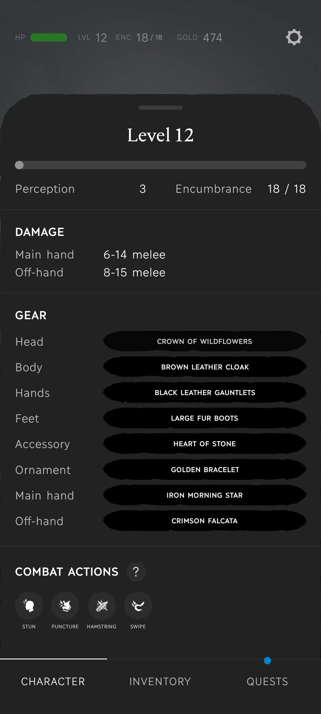 Character screen at level 12 with the XP bar almost empty. Iron Morning Star in the main hand, Crimson Falcata in the off-hand, and the combat actions Stun, Puncture, Hamstring and Swipe.